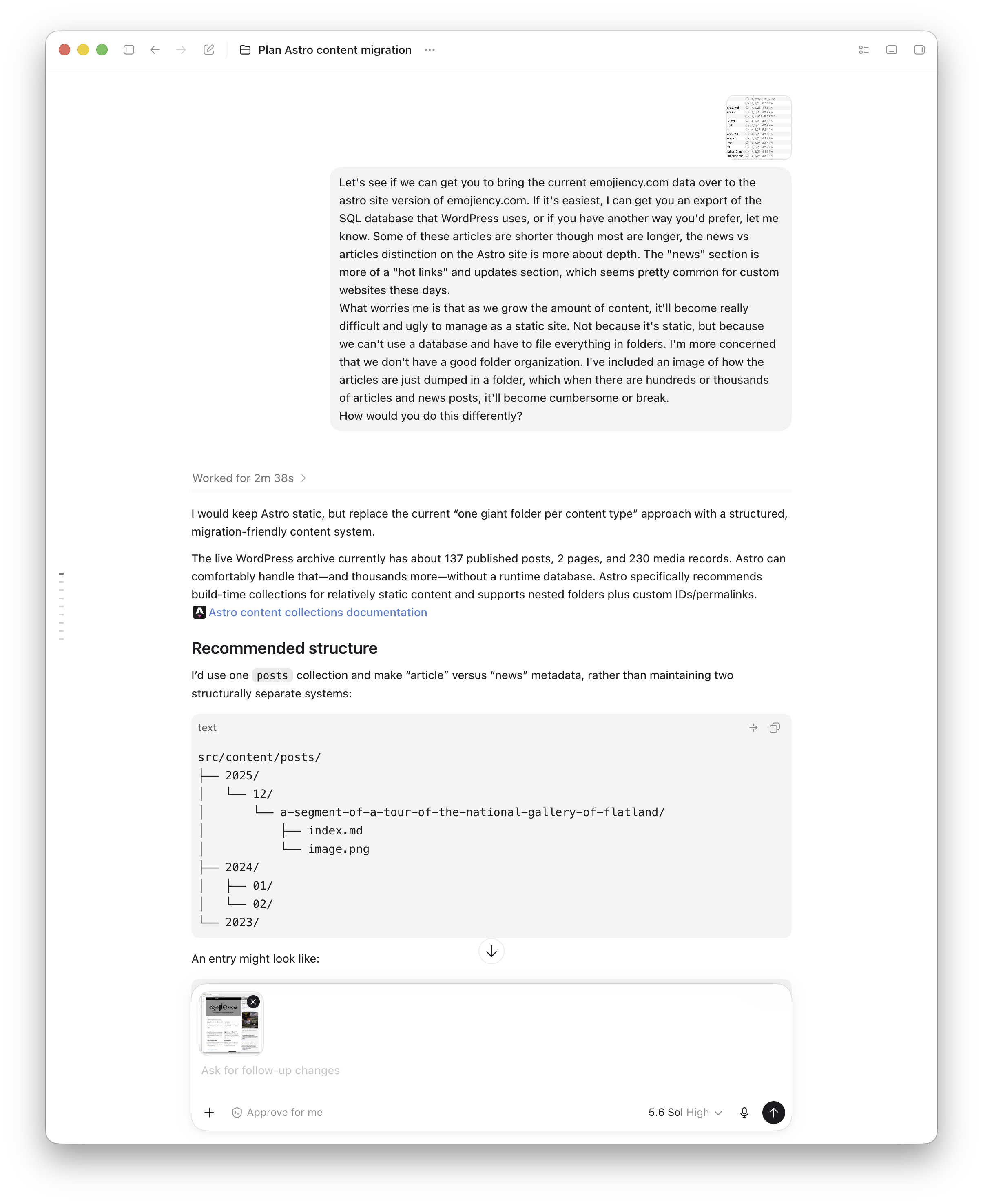 Planning the WordPress-to-Astro content migration with Codex.