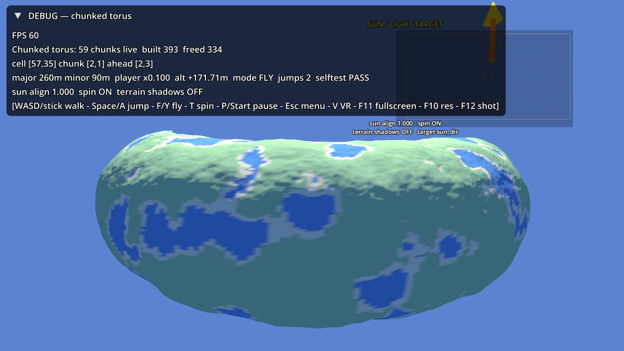 The chunked torus prototype: 59 live terrain chunks running at 60 FPS.