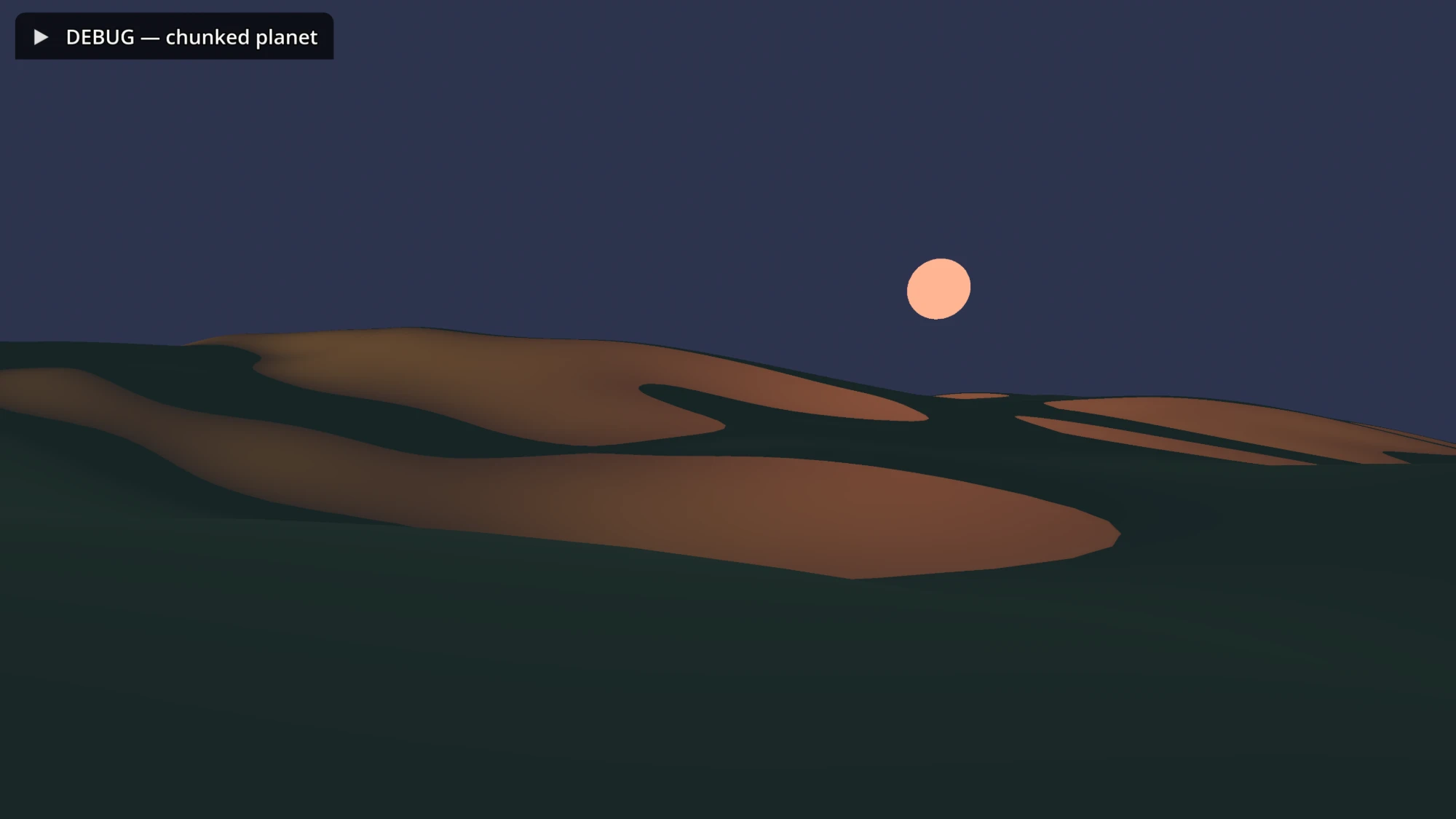 The first ground-level view across the new chunked planet at sunset.