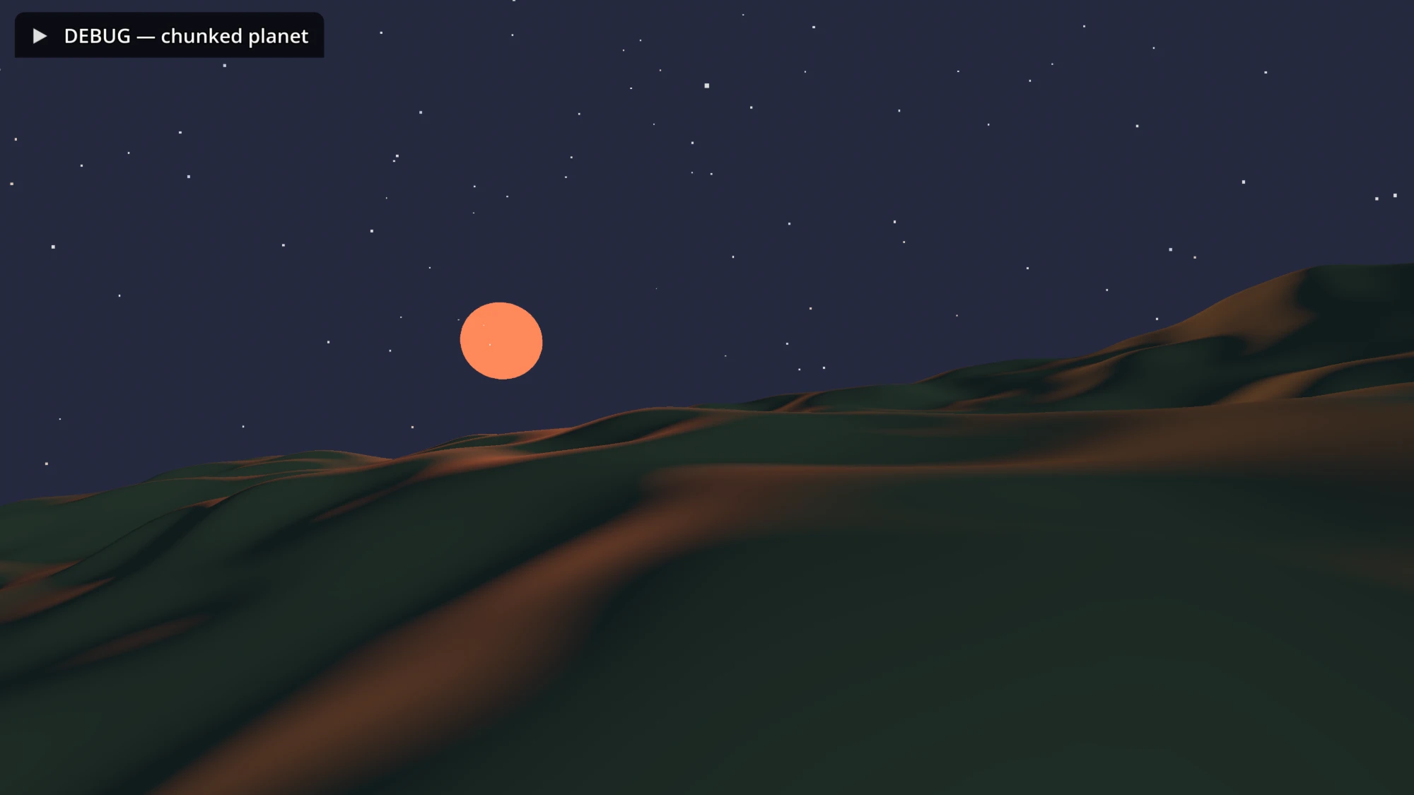 Stars emerge over rolling terrain as the planetary lighting develops.