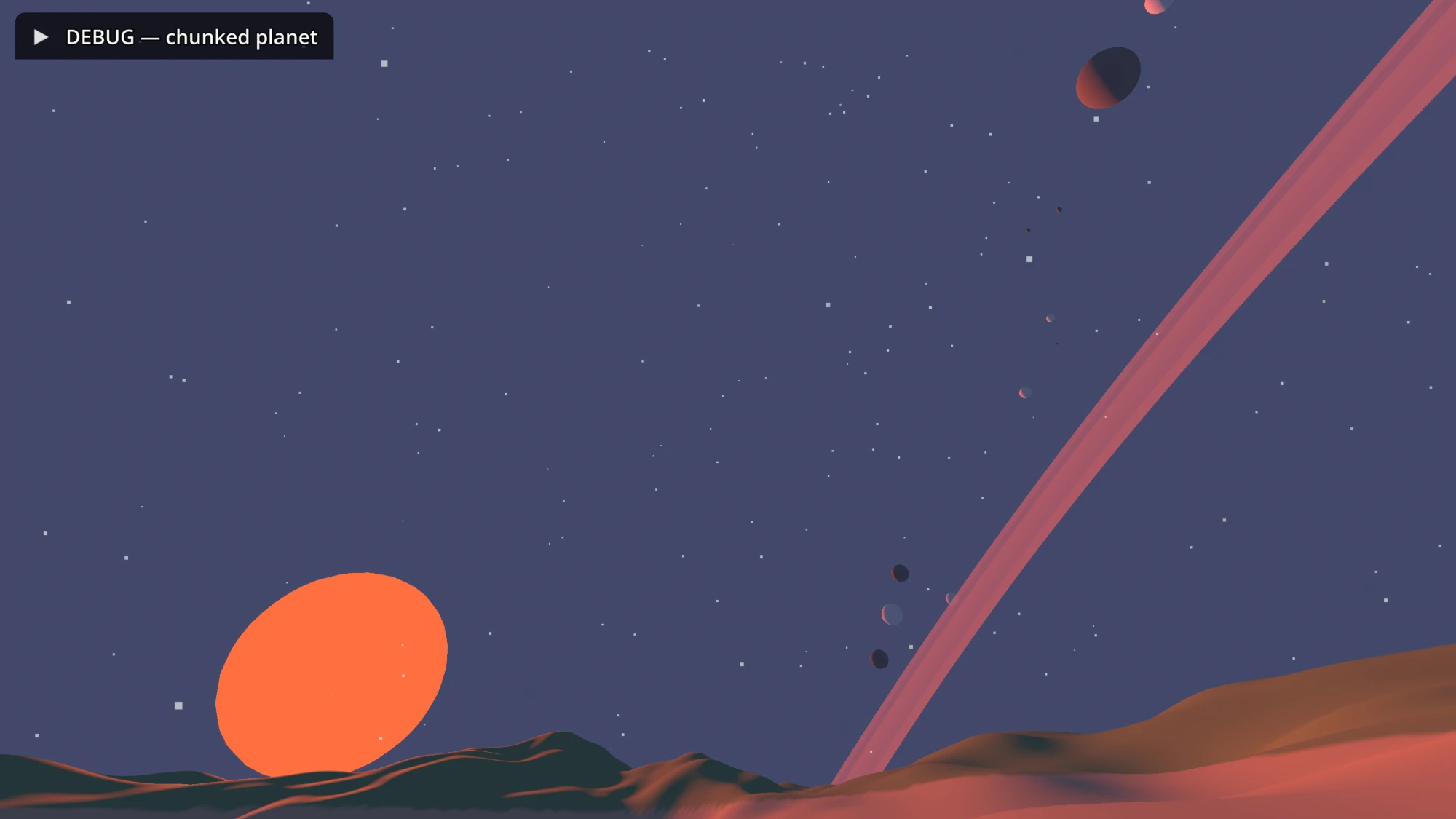 The latest alien sky: a low sun, neighboring worlds, and enormous rings over the horizon.
